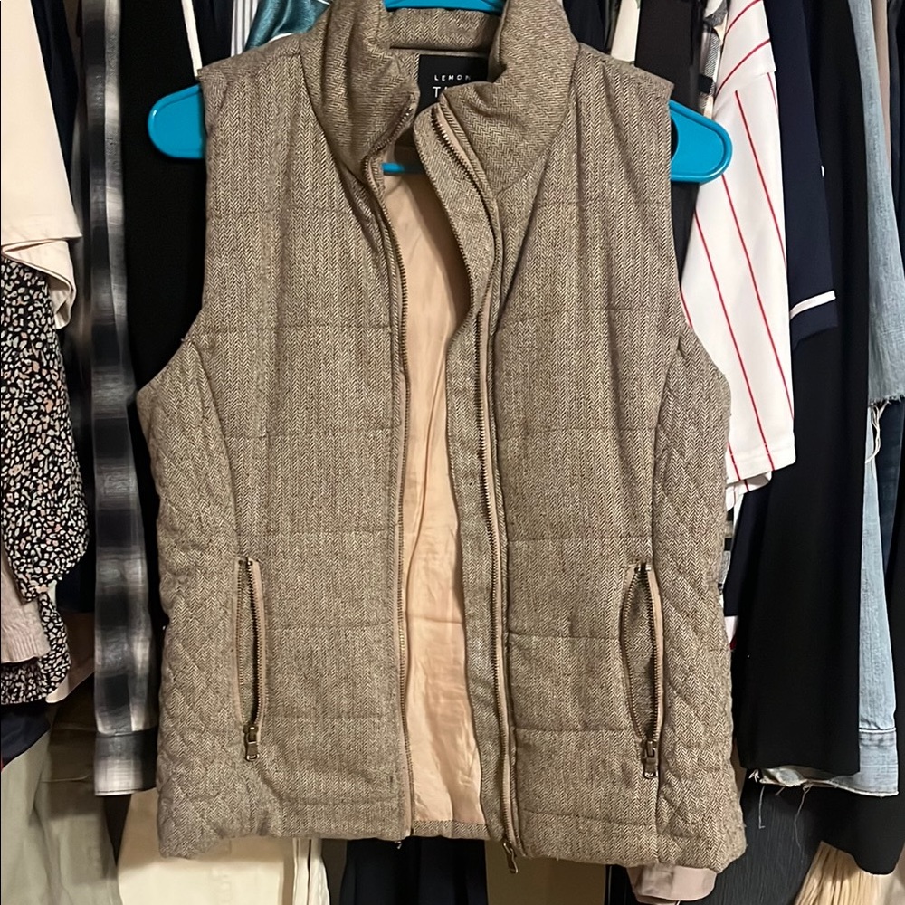 Tan Quilted Vest with Stand-Up Collar